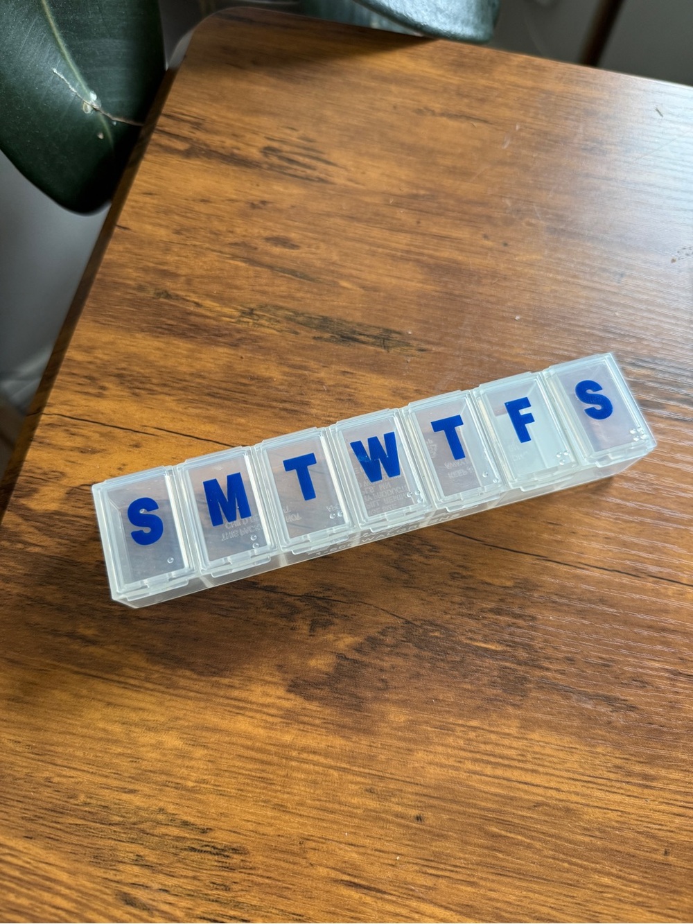 Weekly Pill Organizer | Clear with Blue Letters